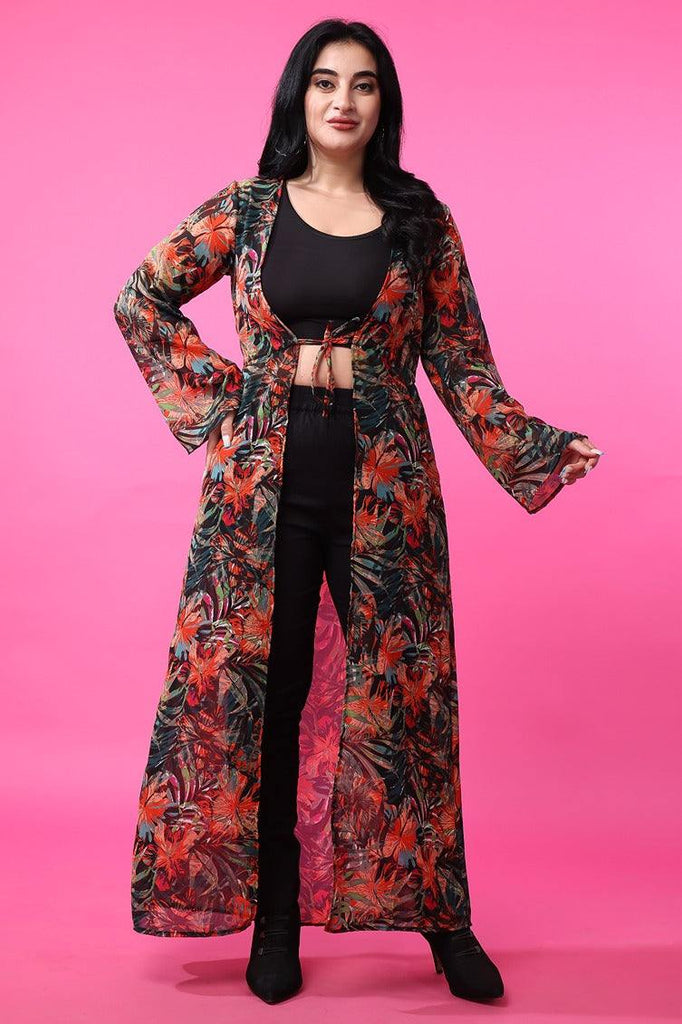 Model wearing Polyster Georgette Shrug with Pattern type: Floral-3