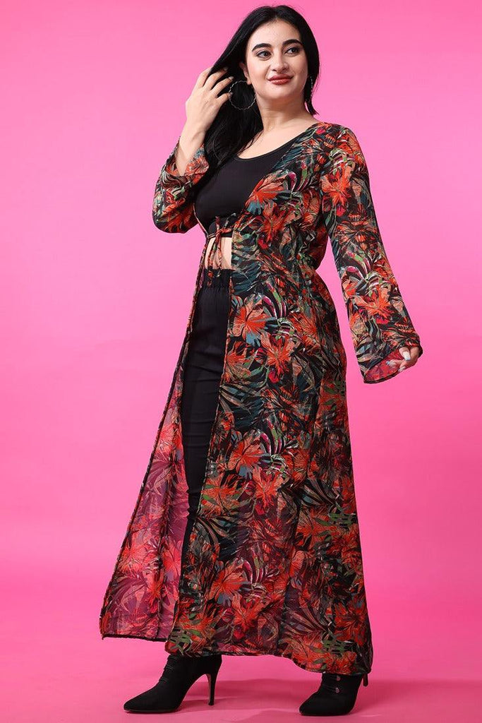 Model wearing Polyster Georgette Shrug with Pattern type: Floral-5