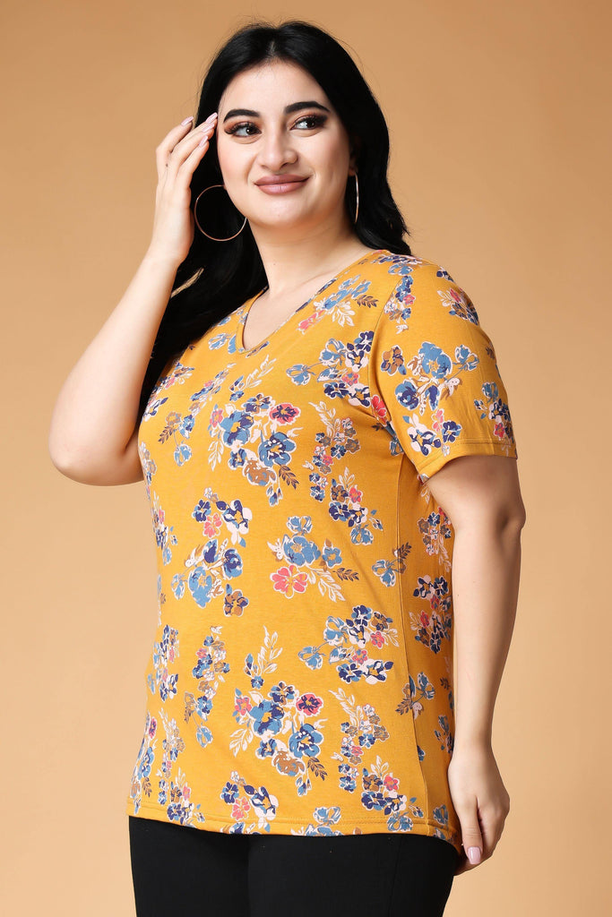 Model wearing Cotton Lycra Long Top with Pattern type: Floral-11