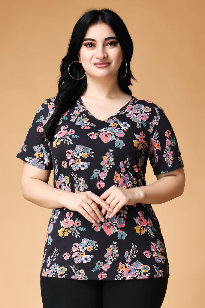 Model wearing Cotton Lycra Long Top with Pattern type: Floral-3