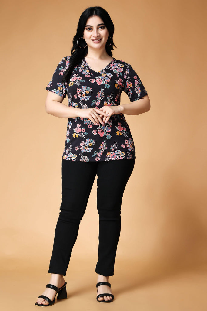 Model wearing Cotton Lycra Long Top with Pattern type: Floral-1