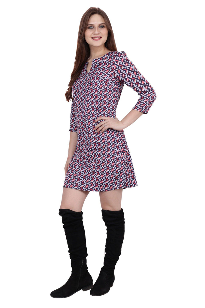 Model wearing Poly Crepe Mini Dress with Pattern type: Geometric-1