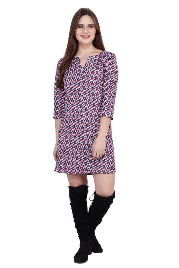 Model wearing Poly Crepe Mini Dress with Pattern type: Geometric-2