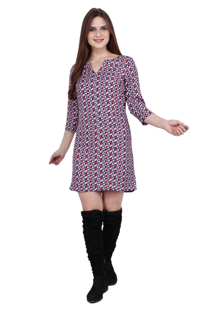 Model wearing Poly Crepe Mini Dress with Pattern type: Geometric-3