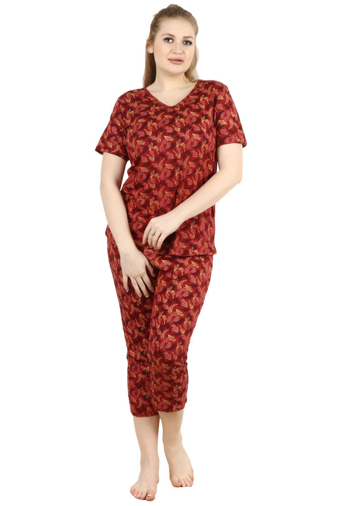 Model wearing Cotton Night Suit Set with Pattern type: Grass-1
