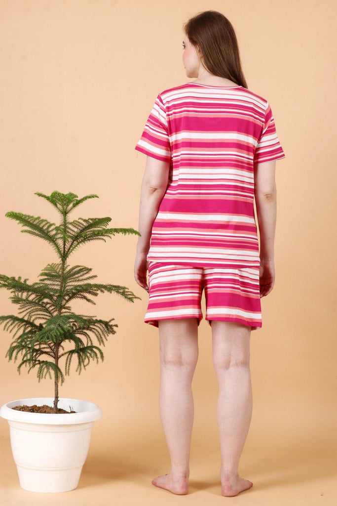 Model wearing Cotton Night Suit Set with Pattern type: Striped-2