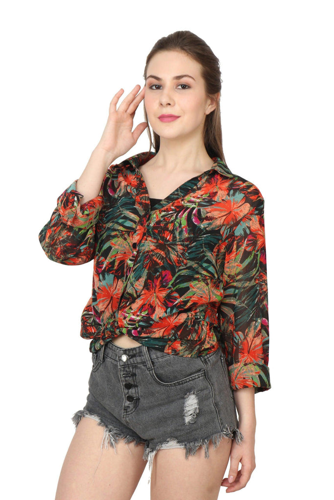 Model wearing Polyster Georgette Shirt with Pattern type: Leaf-4