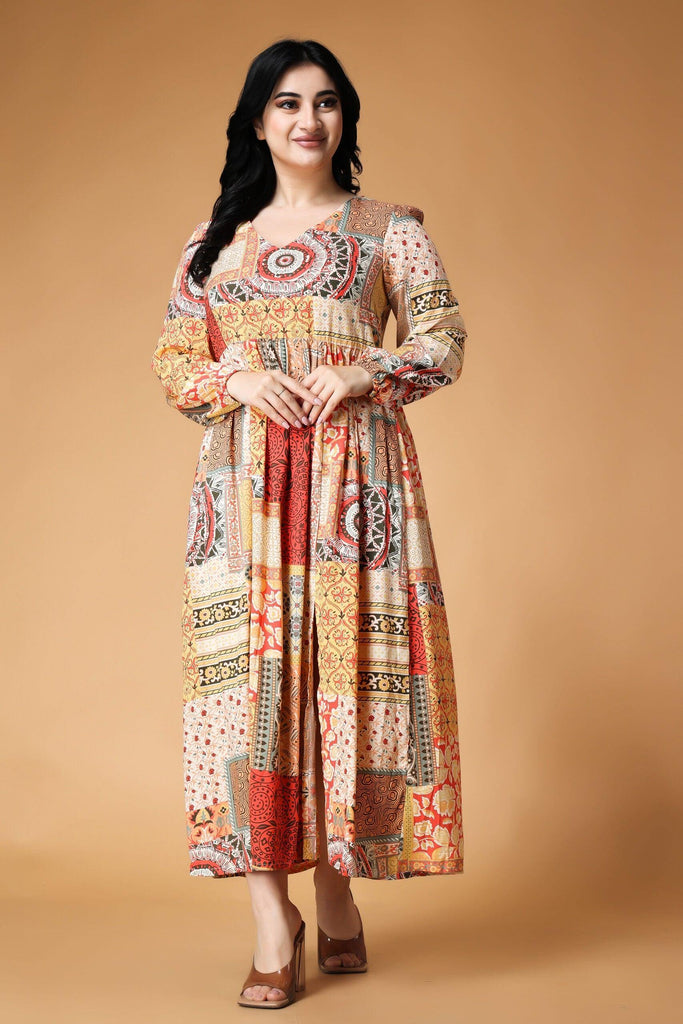 Model wearing Rayon Maxi Dress with Pattern type: Patch-1