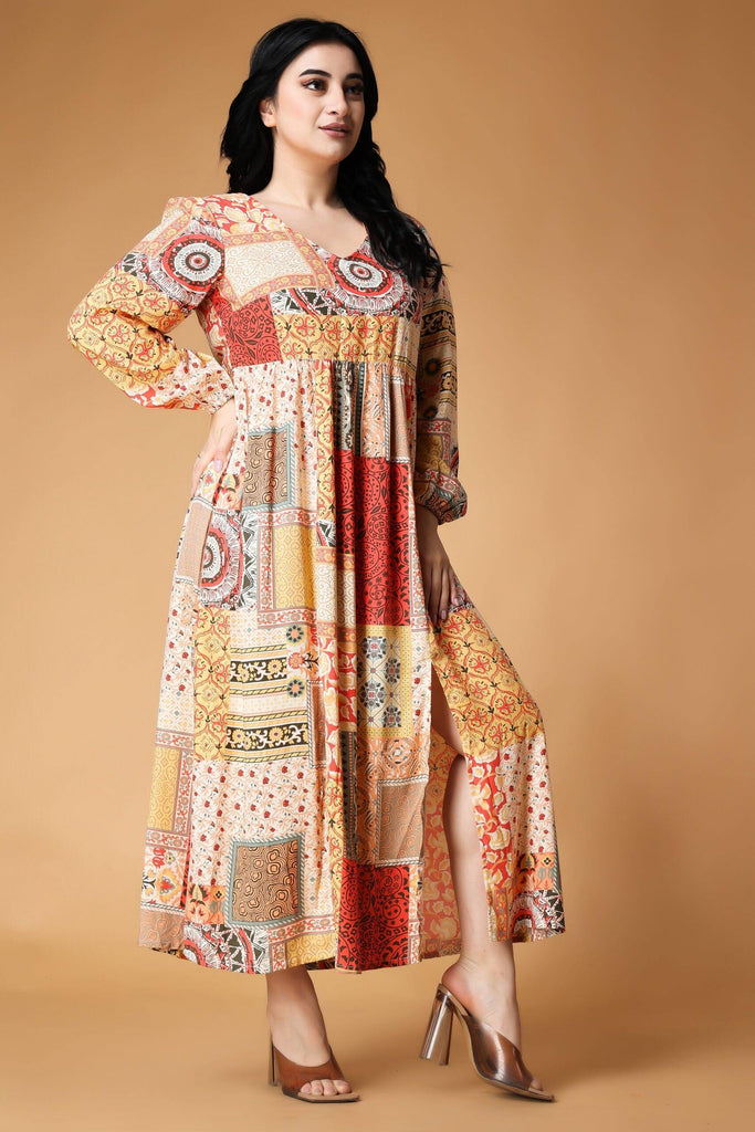 Model wearing Rayon Maxi Dress with Pattern type: Patch-3