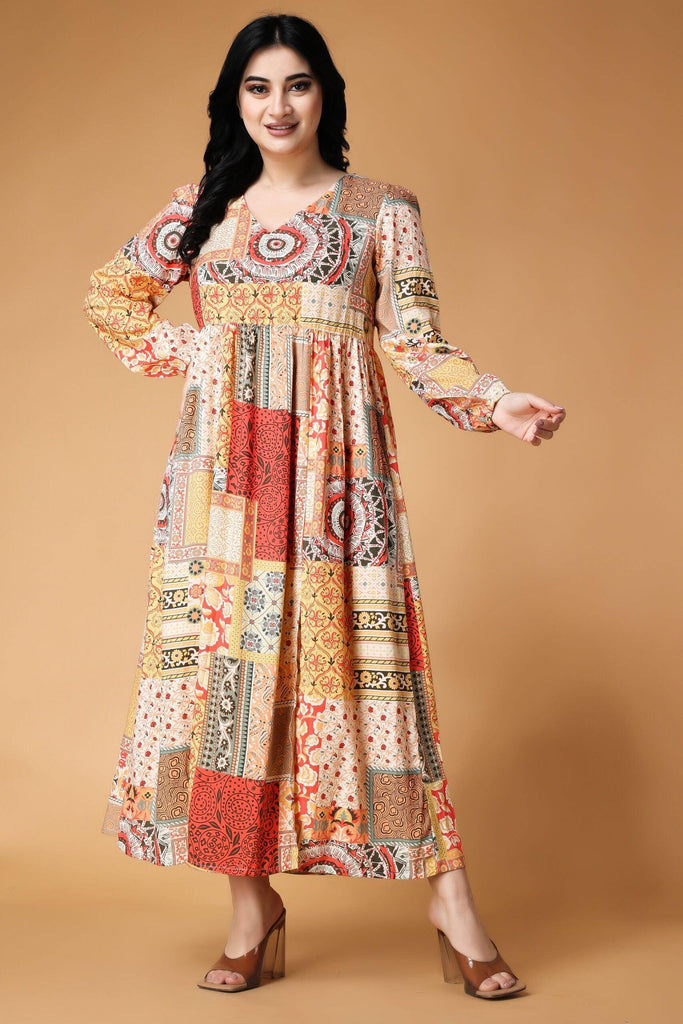 Model wearing Rayon Maxi Dress with Pattern type: Patch-5