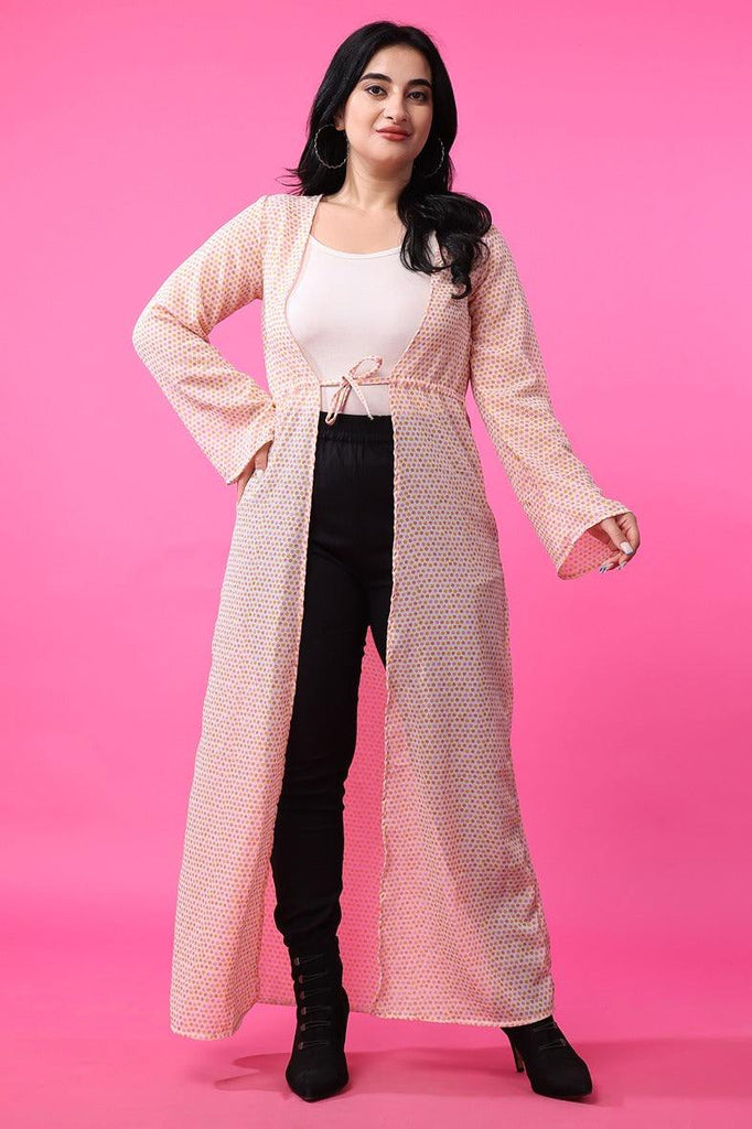 Model wearing Polyster Georgette Shrug with Pattern type: Polka Dots-3