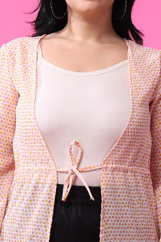 Model wearing Polyster Georgette Shrug with Pattern type: Polka Dots-6
