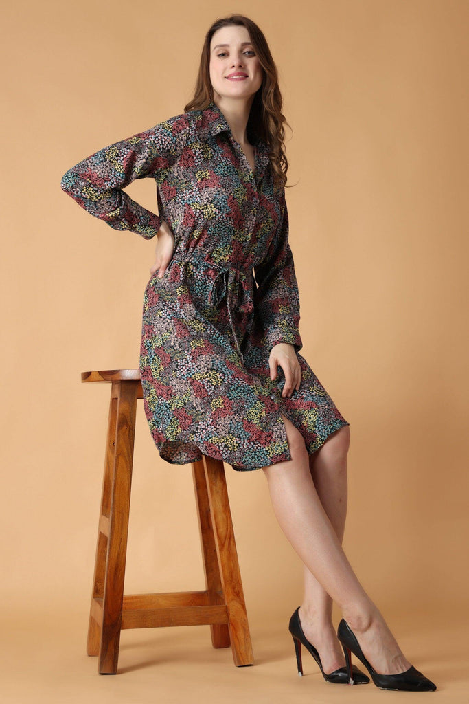 Model wearing Polyester Mini Dress with Pattern type: Small Floral-1
