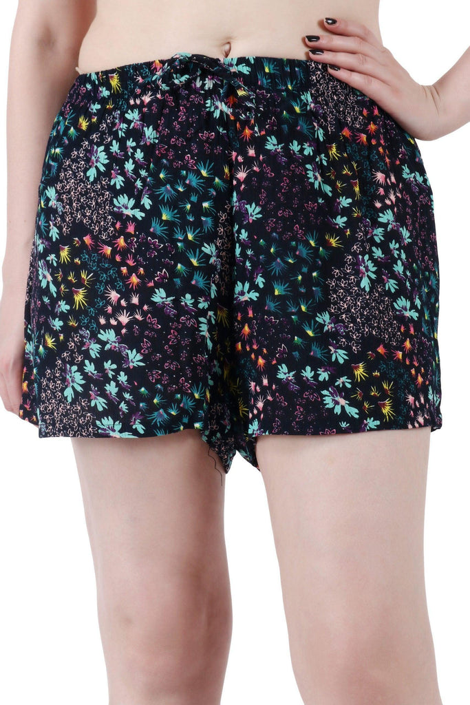 Model wearing Viscose Crepe Shorts with Pattern type: Leaf-1