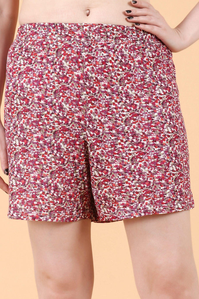 Model wearing Cotton Lycra Shorts with Pattern type: Floral-1