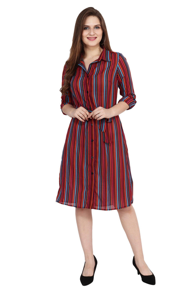 Model wearing Polyster Georgette Midi Dress with Pattern type: Striped-2