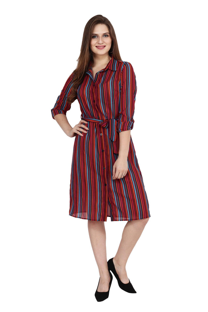 Model wearing Polyster Georgette Midi Dress with Pattern type: Striped-3