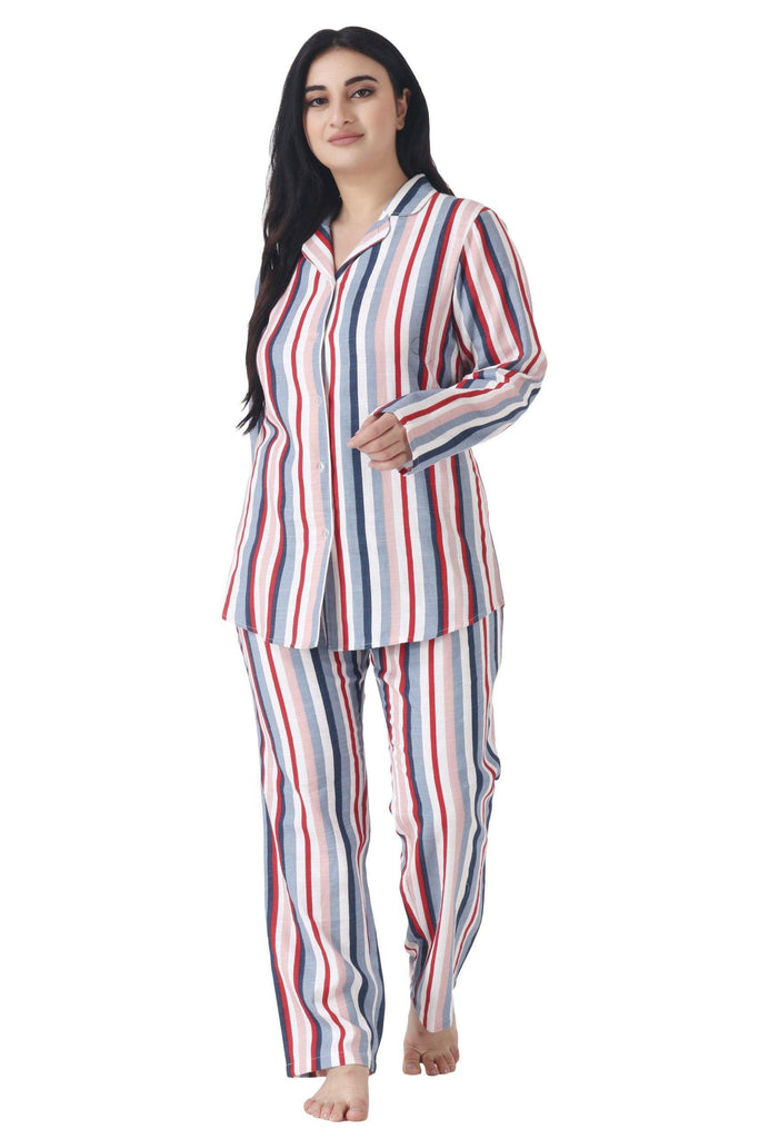 Model wearing Cotton Night Suit Set with Pattern type: Striped-4