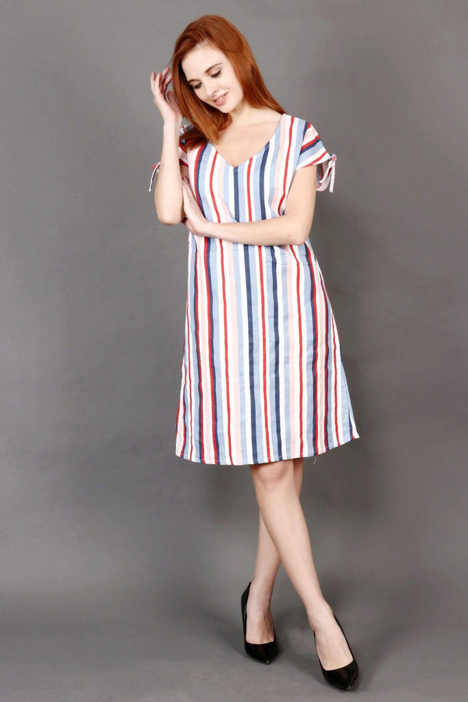 Model wearing Cotton Mini Dress with Pattern type: Striped-1