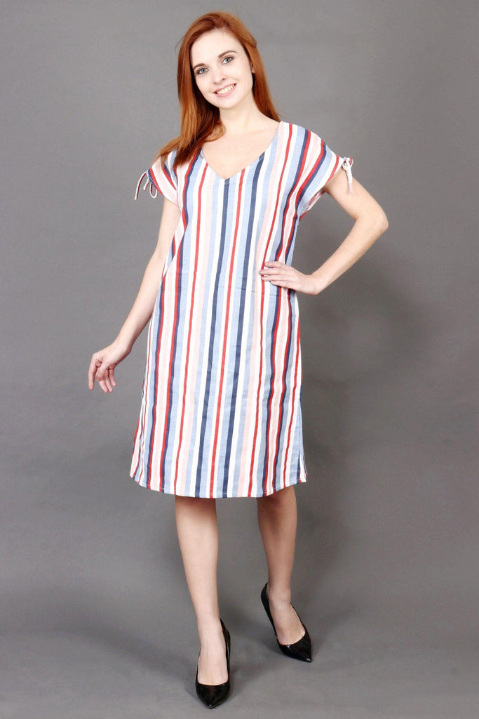 Model wearing Cotton Mini Dress with Pattern type: Striped-2