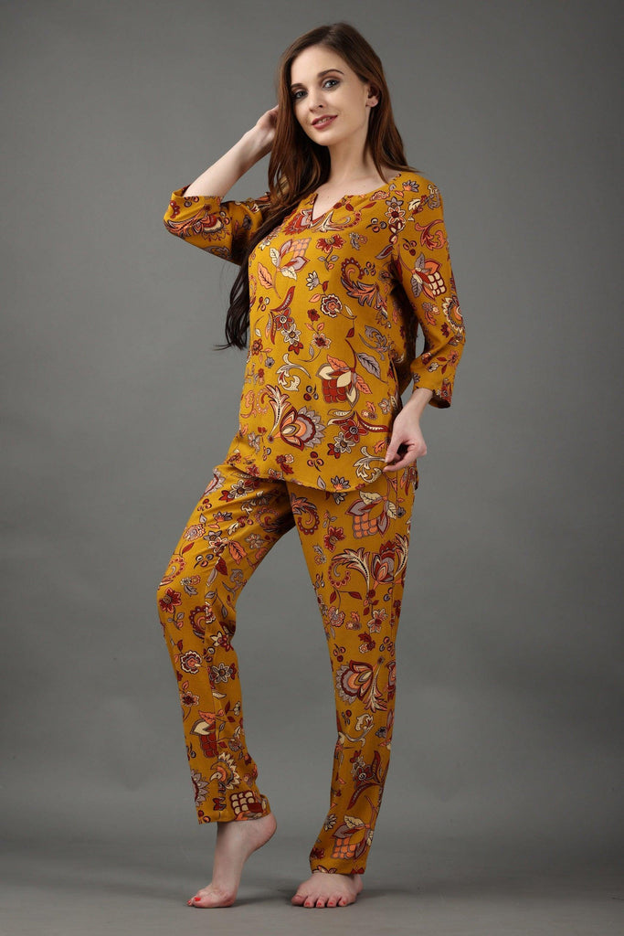 Model wearing Rayon Night Suit Set with Pattern type: Floral-4
