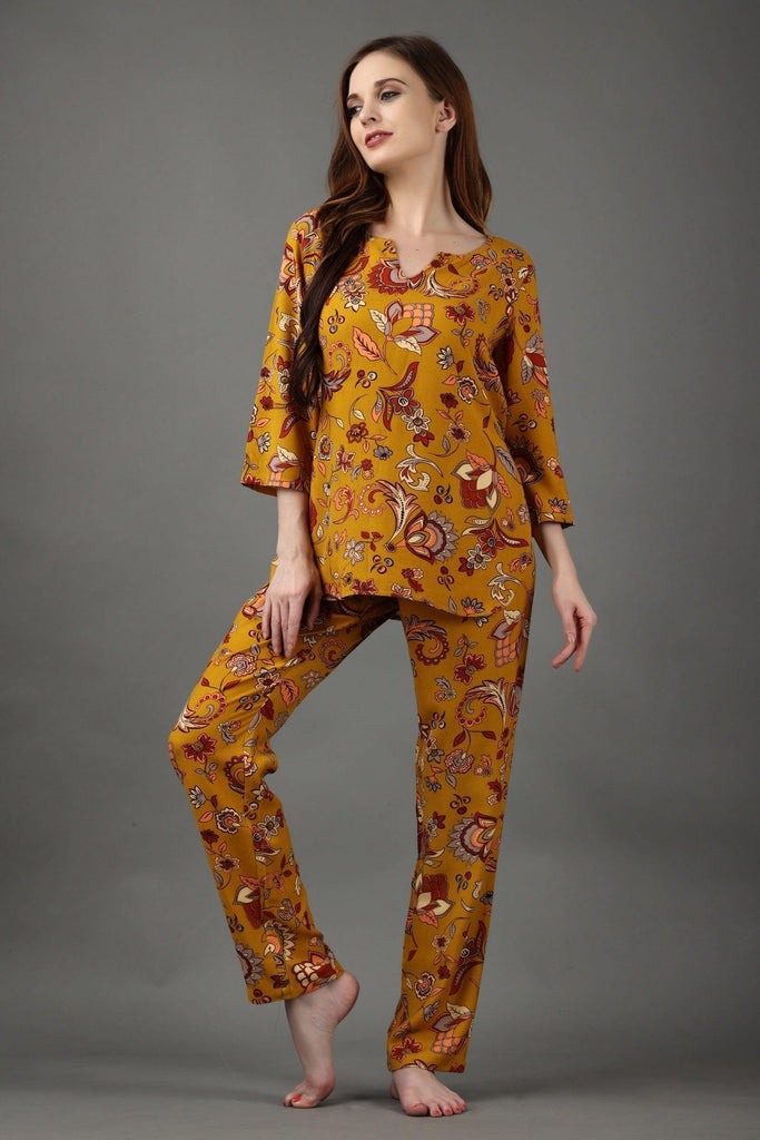 Model wearing Rayon Night Suit Set with Pattern type: Floral-6
