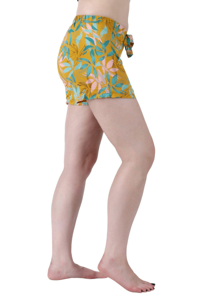 Model wearing Rayon Shorts with Pattern type: Leaf-2