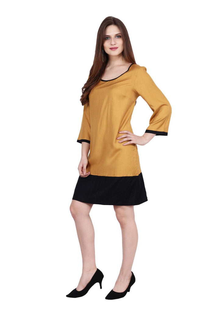 Model wearing Viscose Mini Dress with Pattern type: Solid-1