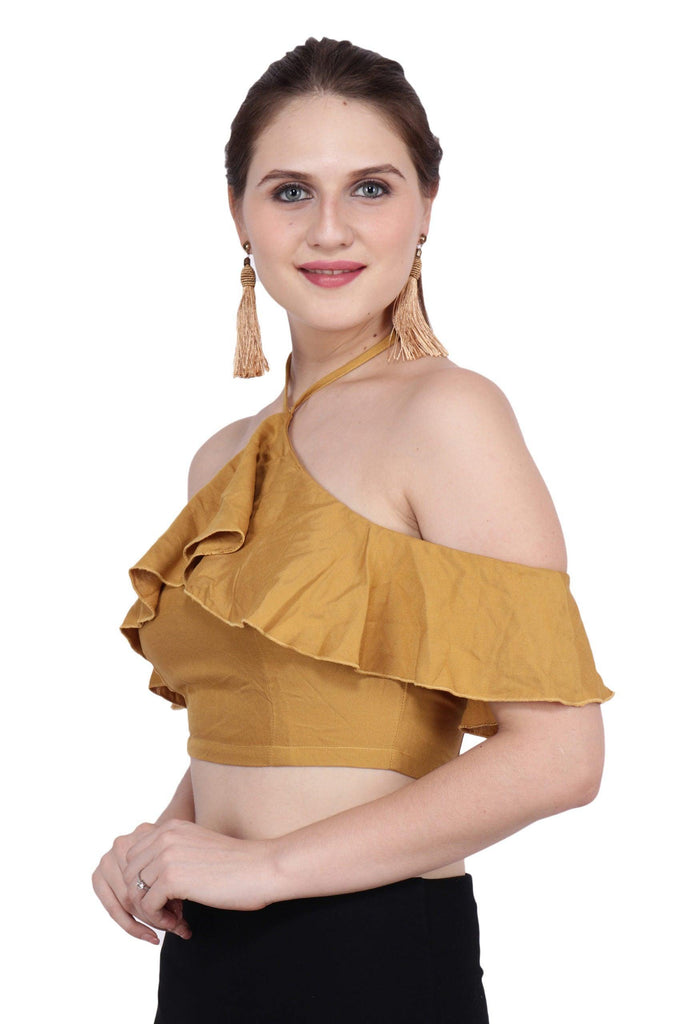 Model wearing Polyester Crop Top with Pattern type: Solid-1