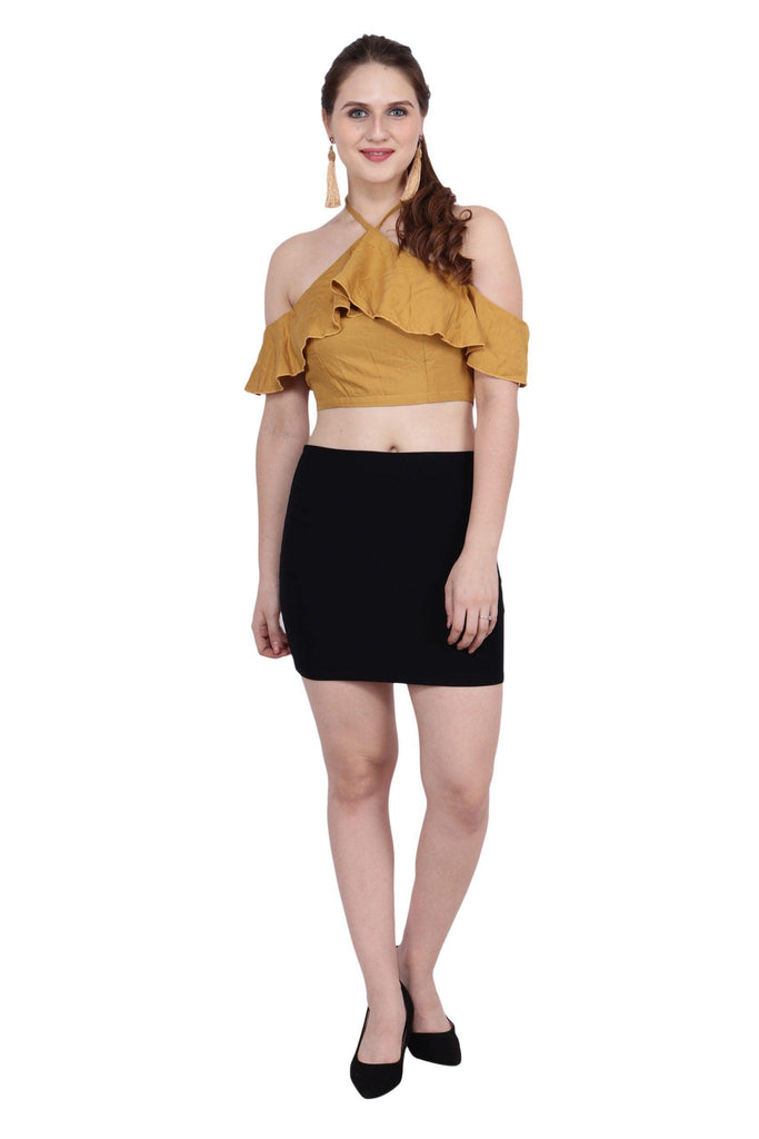 Model wearing Polyester Crop Top with Pattern type: Solid-2