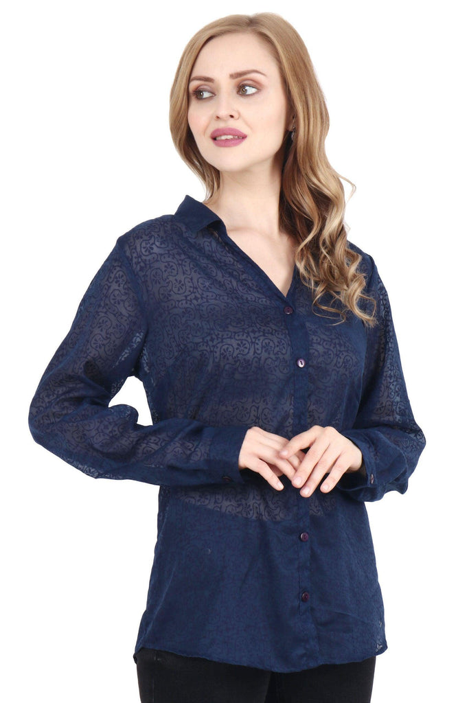 Model wearing Polyster Georgette Shirt with Pattern type: Embedded-1