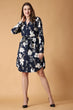 Navy Blue Floral Printed Buttoned Tie Up Dress