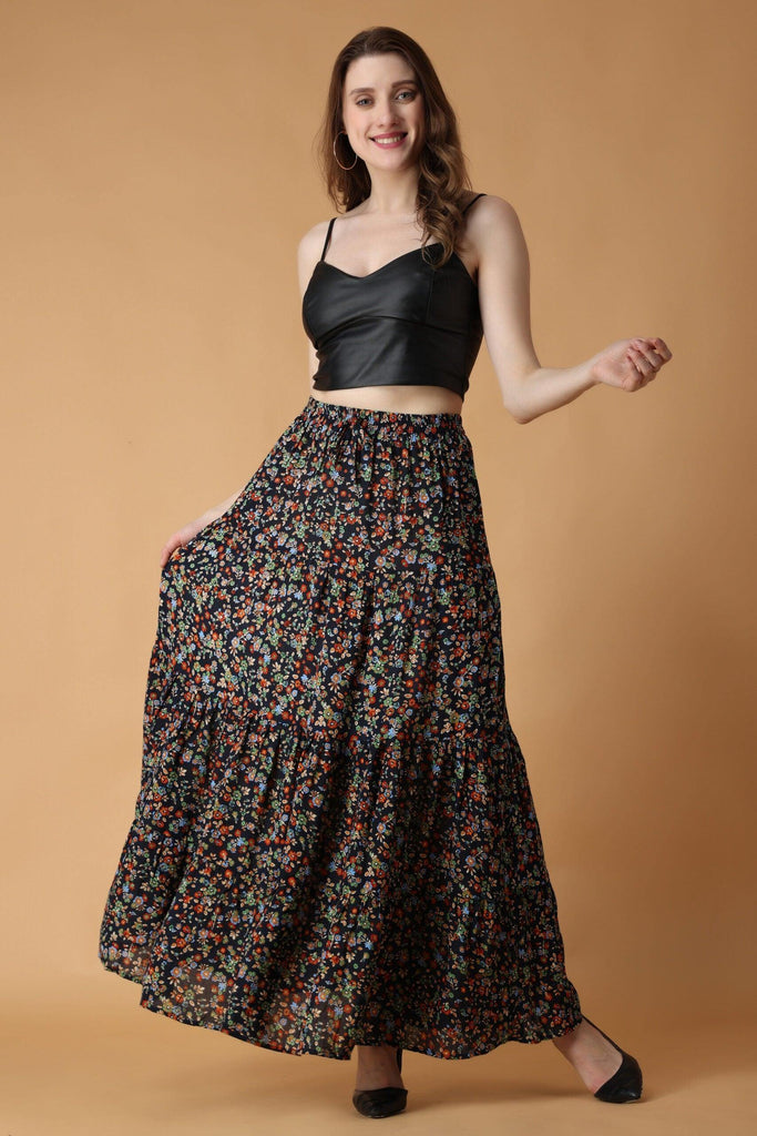 Model wearing Viscose Crepe Maxi Skirt with Pattern type: Floral-1