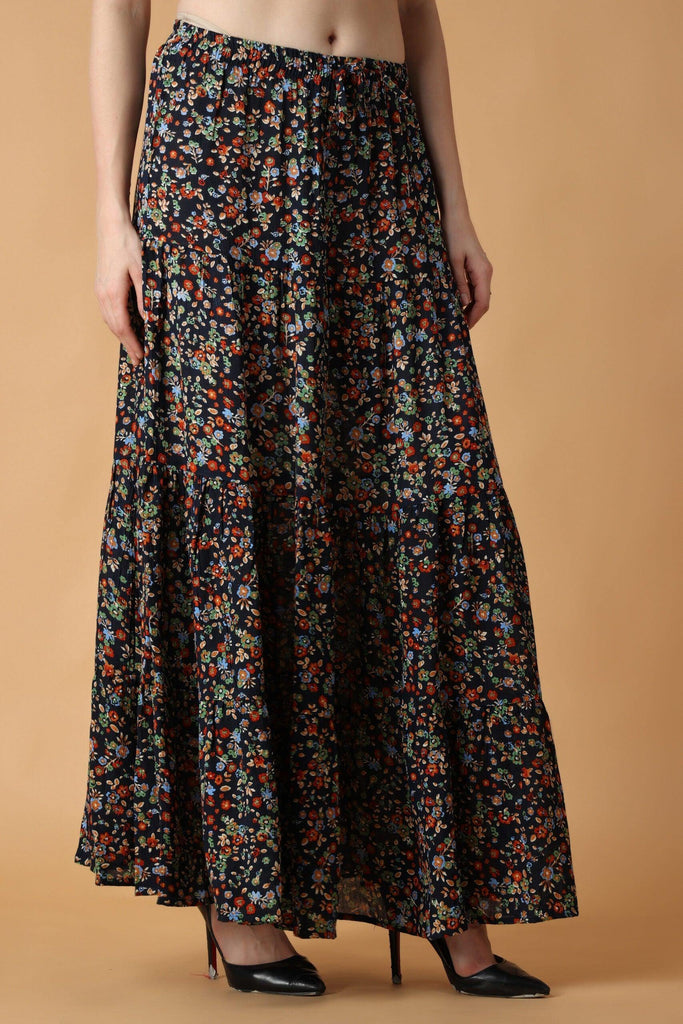 Model wearing Viscose Crepe Maxi Skirt with Pattern type: Floral-4