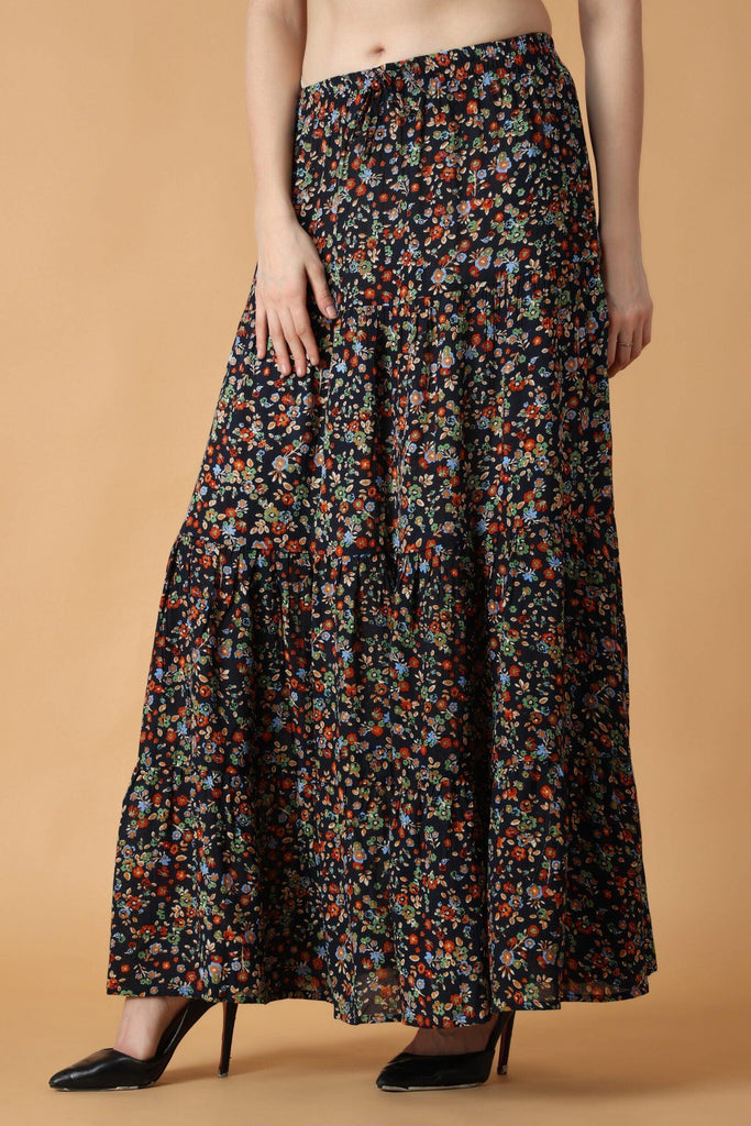 Model wearing Viscose Crepe Maxi Skirt with Pattern type: Floral-5