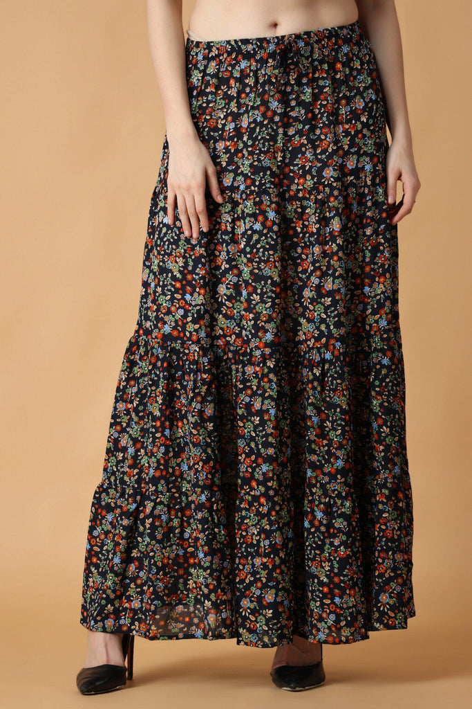 Model wearing Viscose Crepe Maxi Skirt with Pattern type: Floral-6