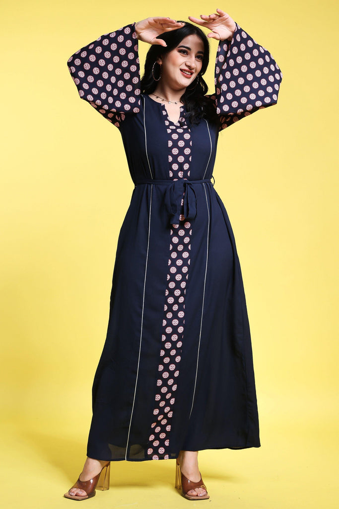 Model wearing Poly Crepe Maxi Dress with Pattern type: Motif-3