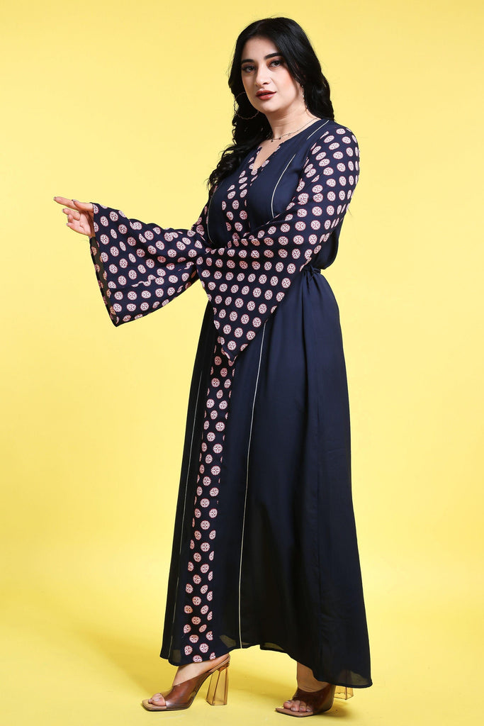 Model wearing Poly Crepe Maxi Dress with Pattern type: Motif-5