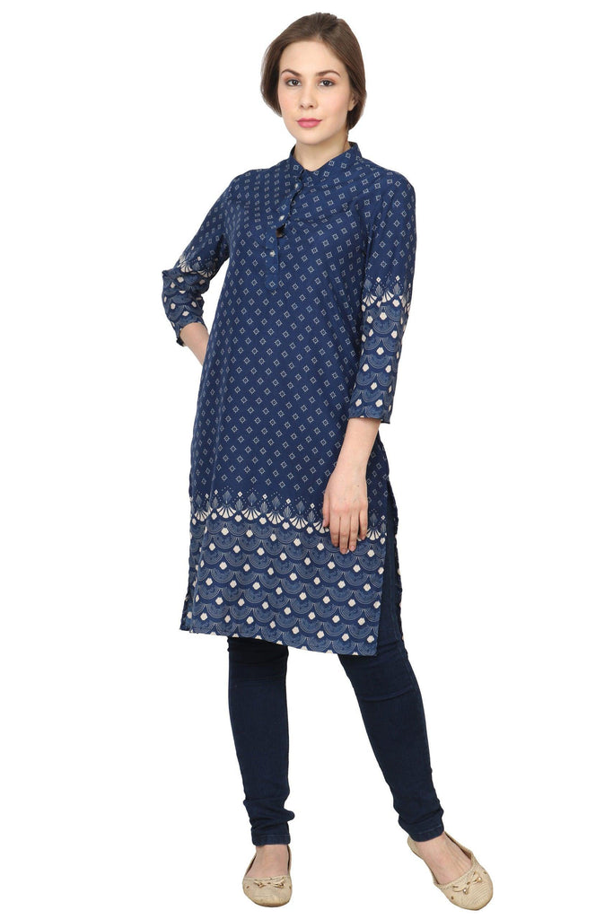 Model wearing Polyester Kurti with Pattern type: Rangoli Border-1