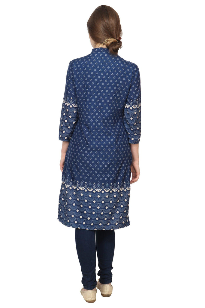 Model wearing Polyester Kurti with Pattern type: Rangoli Border-3