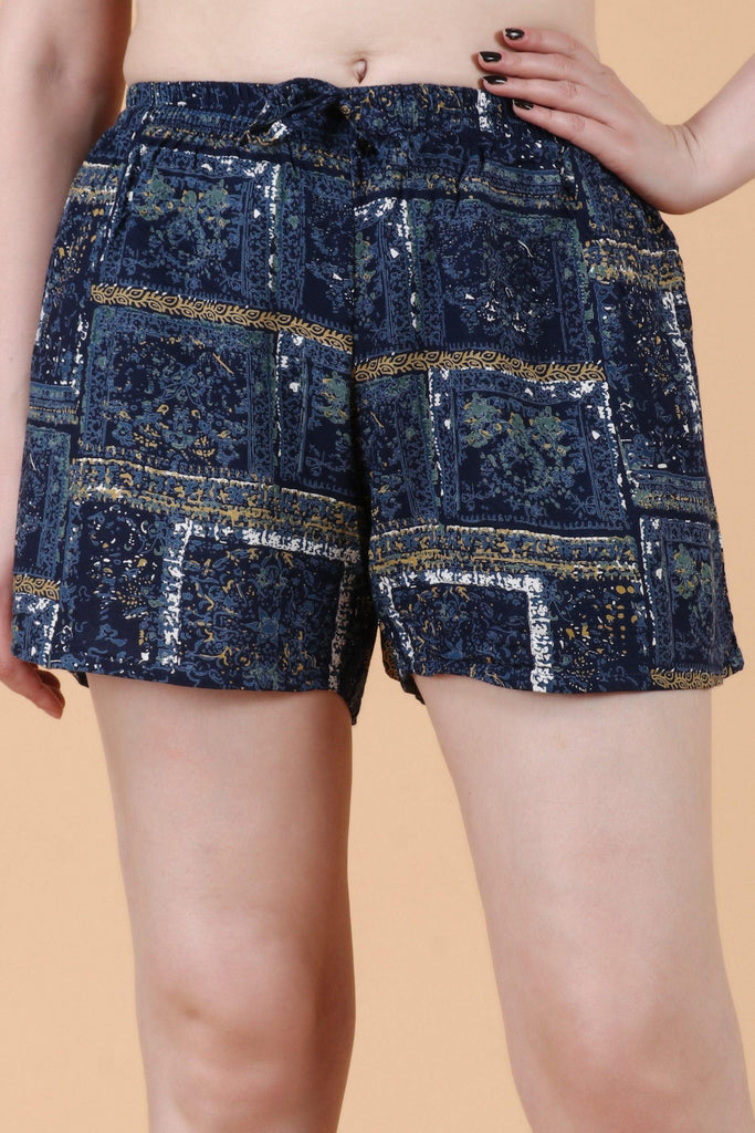 Model wearing Rayon Shorts with Pattern type: Sky-1