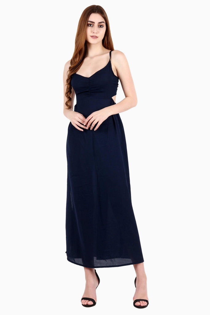 Model wearing Poly Crepe Maxi Dress with Pattern type: Solid-1
