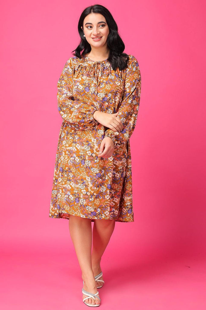 Model wearing Poly Crepe Mini Dress with Pattern type: Floral-1