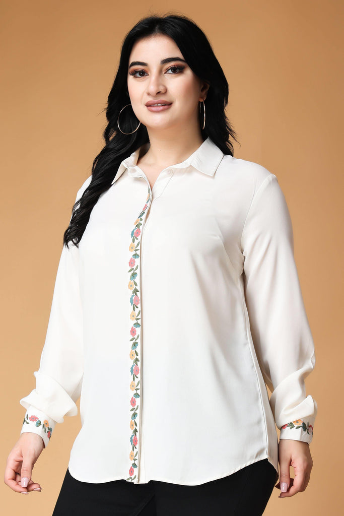 Model wearing Poly Crepe Shirt with Pattern type: Solid-4