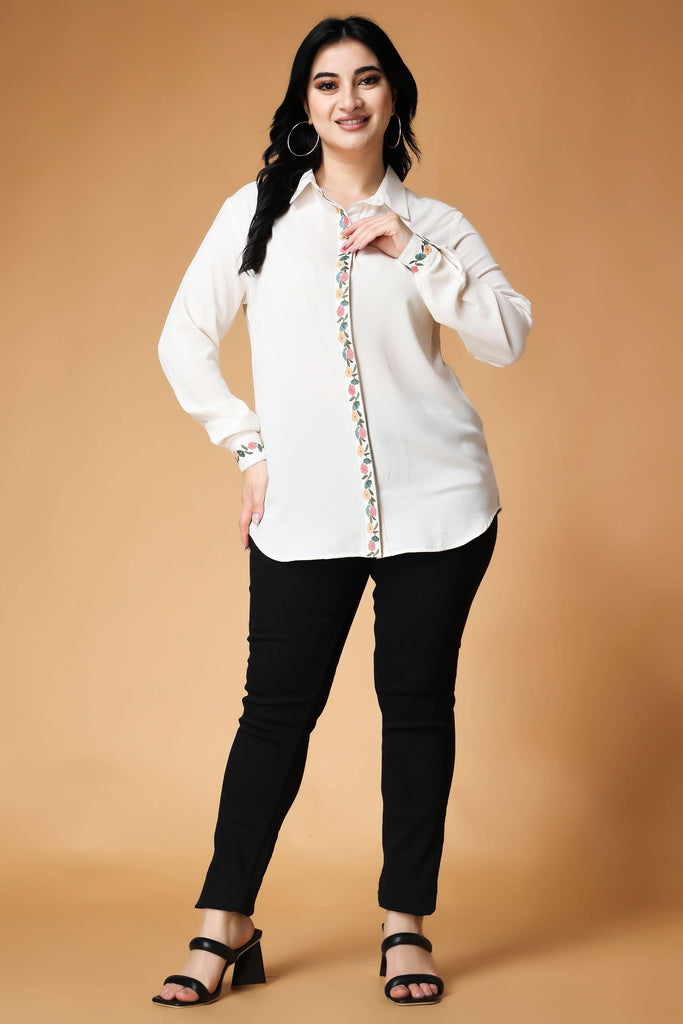 Model wearing Poly Crepe Shirt with Pattern type: Solid-1