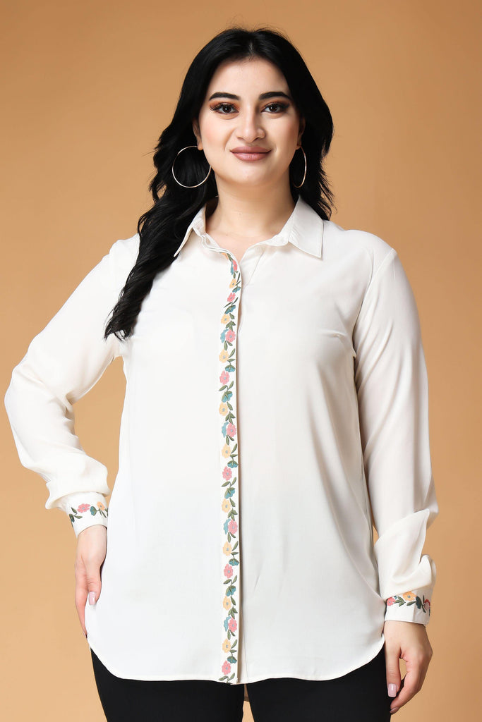 Model wearing Poly Crepe Shirt with Pattern type: Solid-3