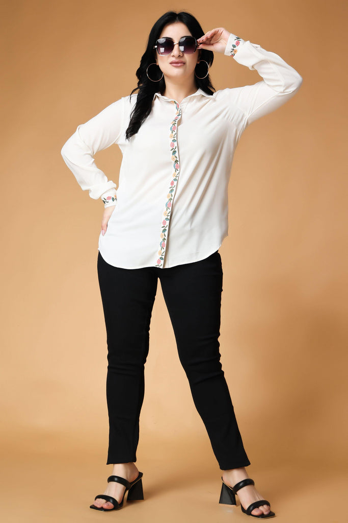 Model wearing Poly Crepe Shirt with Pattern type: Solid-7