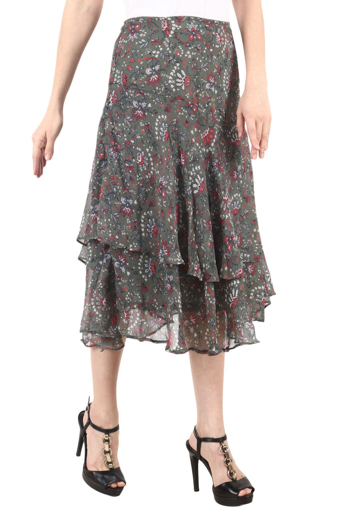 Model wearing Polyster Chiffon Midi Skirt with Pattern type: Floral-2