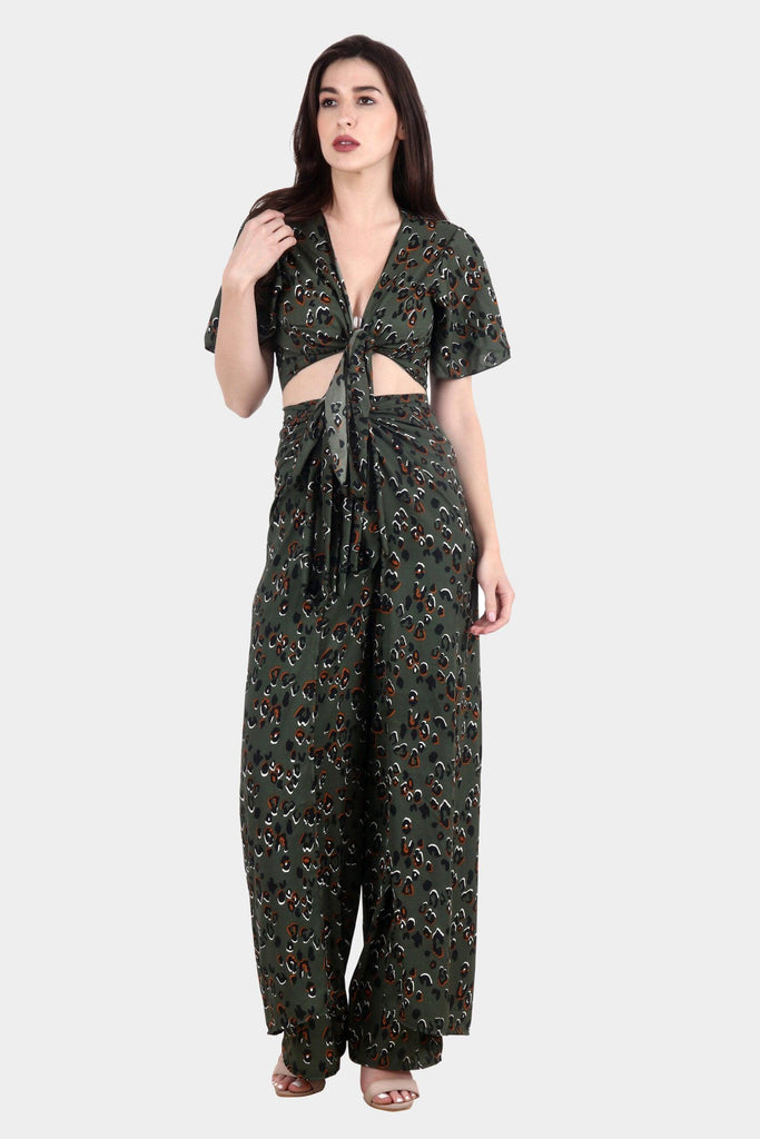 Model wearing Polyester Jumpsuit with Pattern type: Leopard-2