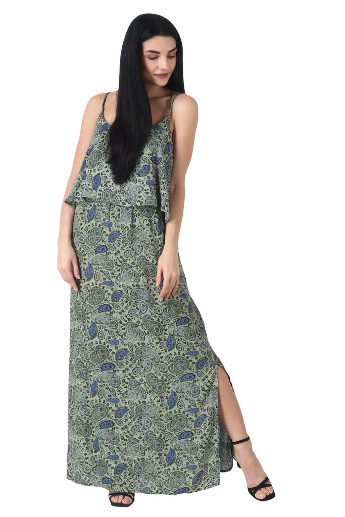 Model wearing Viscose Crepe Maxi Dress with Pattern type: Paisley-1
